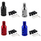 Threaded gear shift knob adapter kit in black, red, and blue colors with wrench