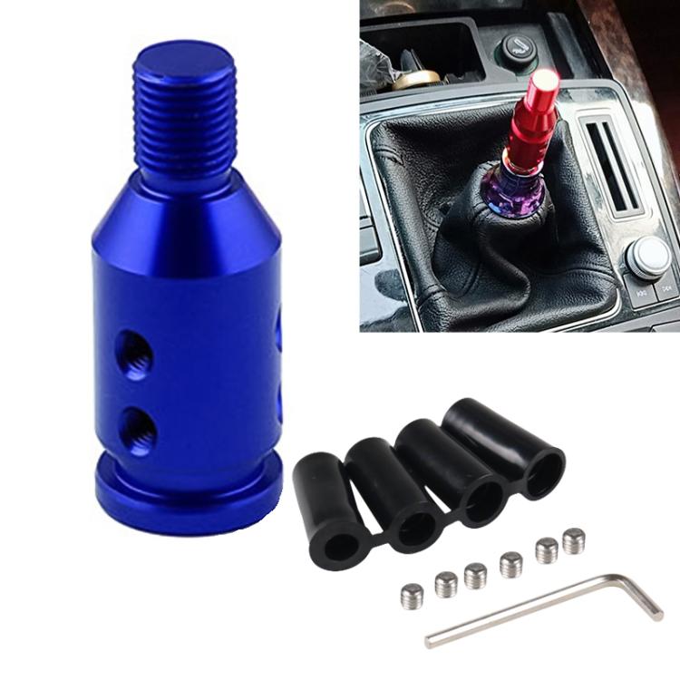 Blue threaded gear shift knob adapter with mounting holes and included hardware