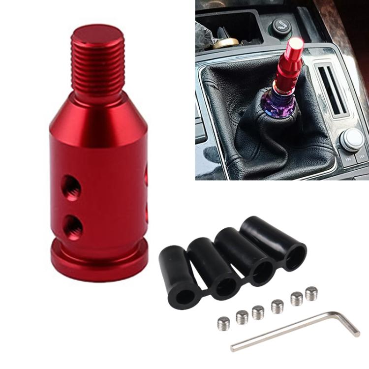 Red threaded gear shift knob adapter with mounting holes and included hardware