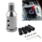 Silver threaded gear shift knob adapter with mounting holes and included hardware