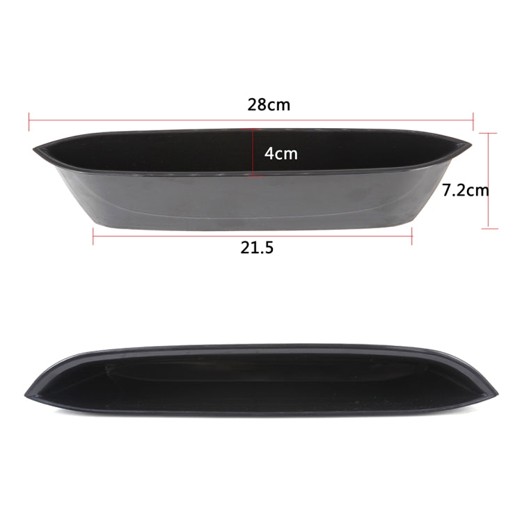 Black shallow storage tray with size markings and front profile view