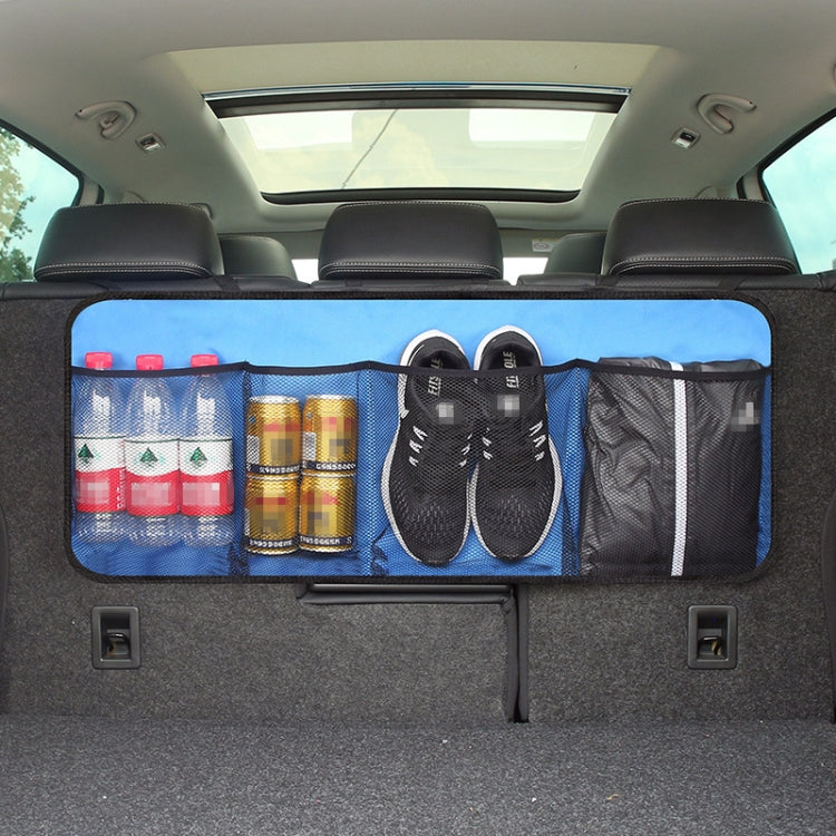 Dark blue car trunk hanging storage bag with compartments for shoes, cans, and bottles