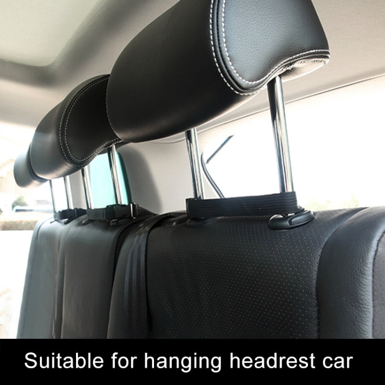 Black car hanging bag attached to headrest with adjustable straps