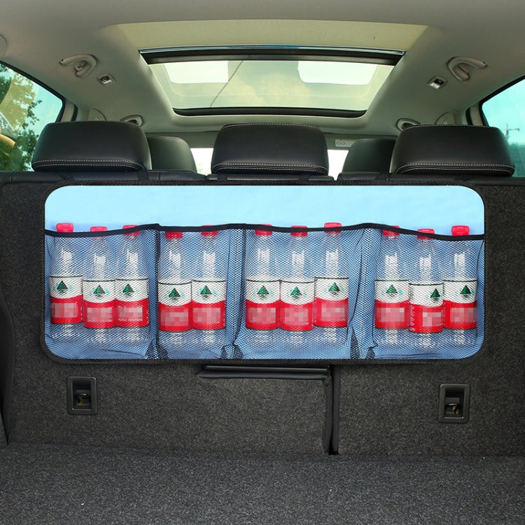 Dark blue car trunk hanging storage bag with mesh pockets for bottles