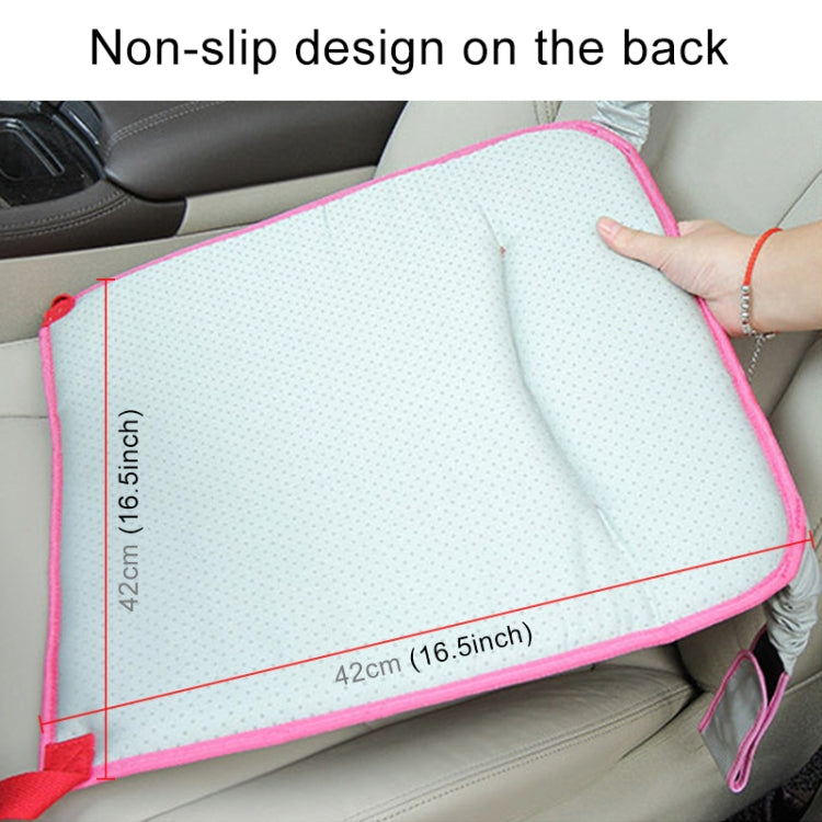 Textured back of pink car safety seat protective pad with non-slip surface and trim