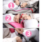 Hands fastening the clip and buckle straps on a pink car safety seat protective pad