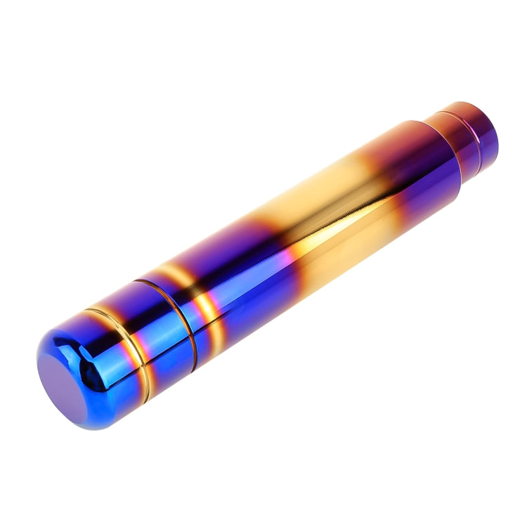 Iridescent cylindrical gear shift knob with flame gradient blue, purple, and gold end ring