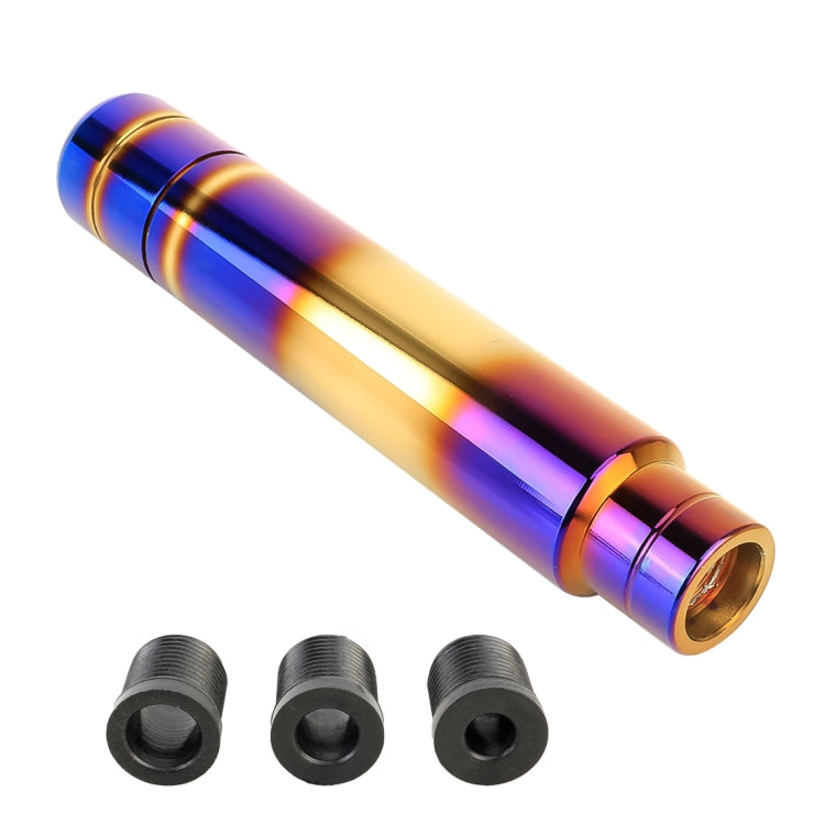 Iridescent flame-pattern gear shift knob with threaded metal caps and matching end ring