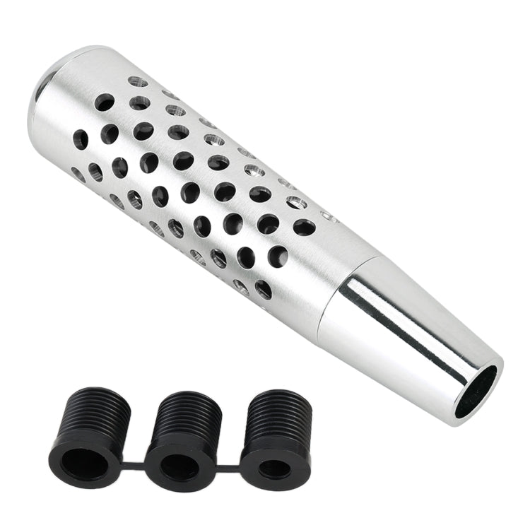 Silver shift knob with perforated metal sleeve and three black rubber adapter rings