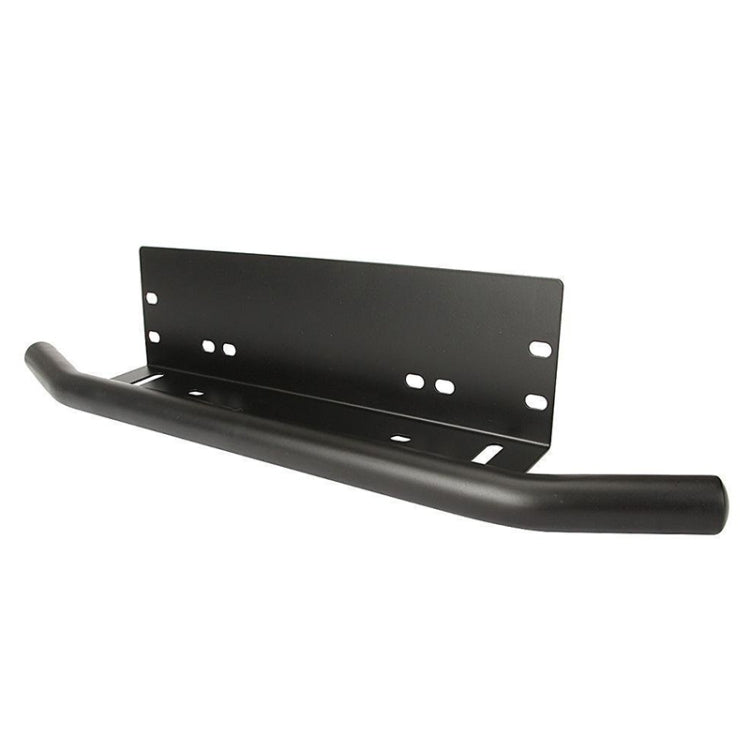 Black universal license plate bracket frame holder with curved bar and perforated mounting plate