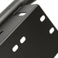 Black plastic license plate bracket with oval mounting slots and drilled mounting holes