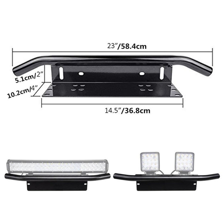 Black license plate bracket frame holder with two rectangular light mounts and size diagram