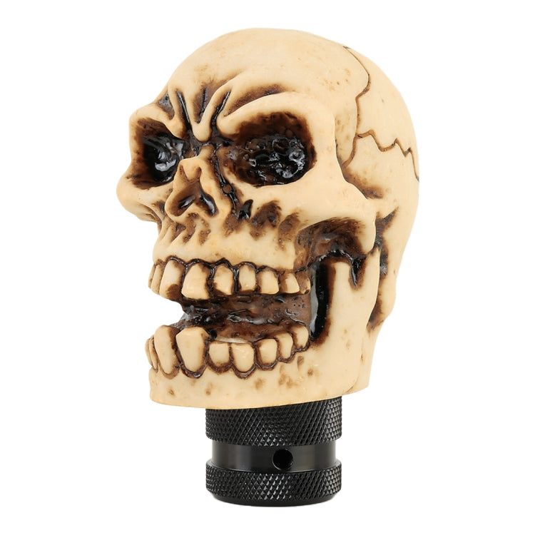 Tan skull gear shift knob with glossy black eyes and black ribbed collar