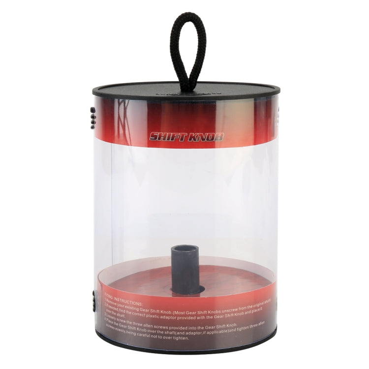 Car gear shift knob packaging with red accents and clear window display