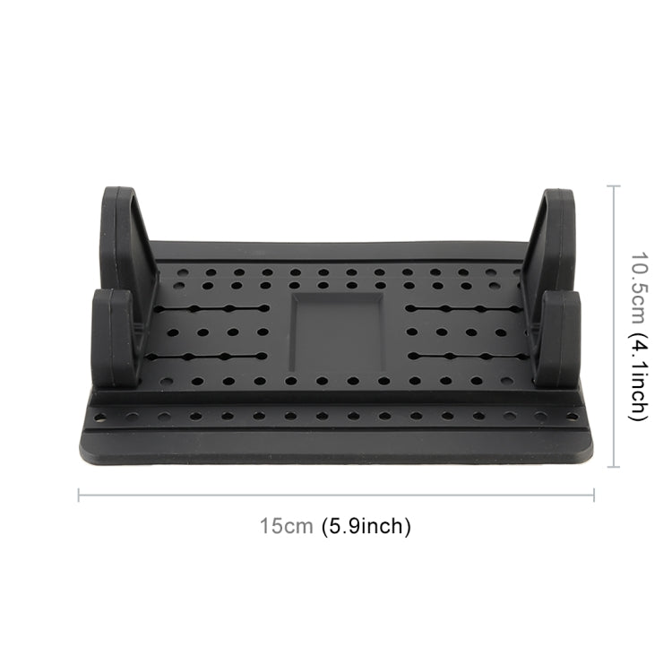 Black dashboard phone holder stand, perforated base with dual curved side arms