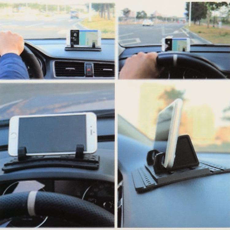 Black silicone phone holder mounted on car dashboard with phone in vertical stand