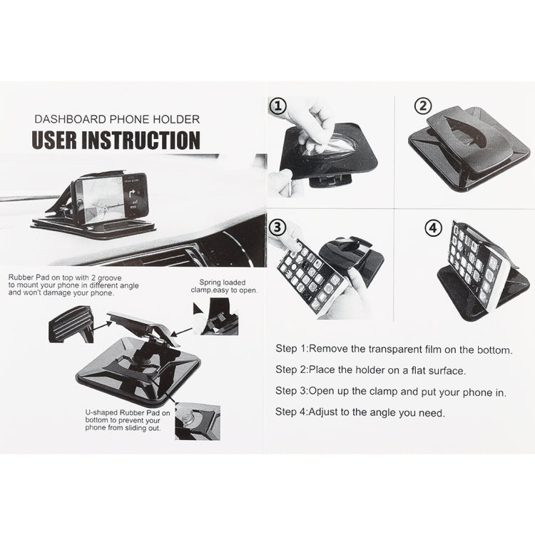 Dashboard phone holder packaging showing a step-by-step user instruction diagram