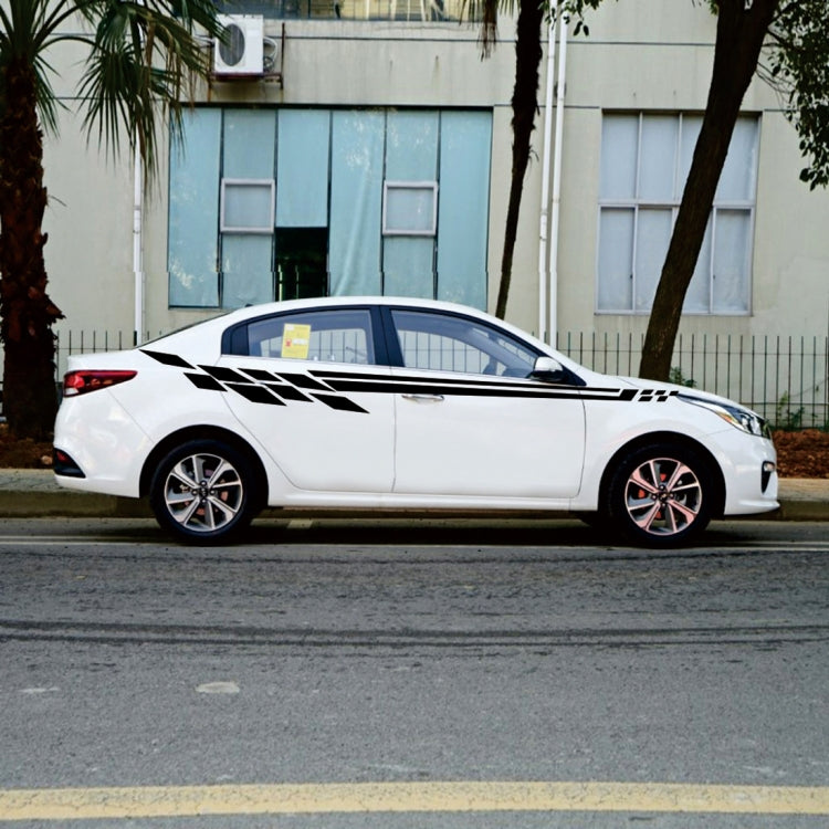 Car side stripe decal, black zigzag plaid on white coupe