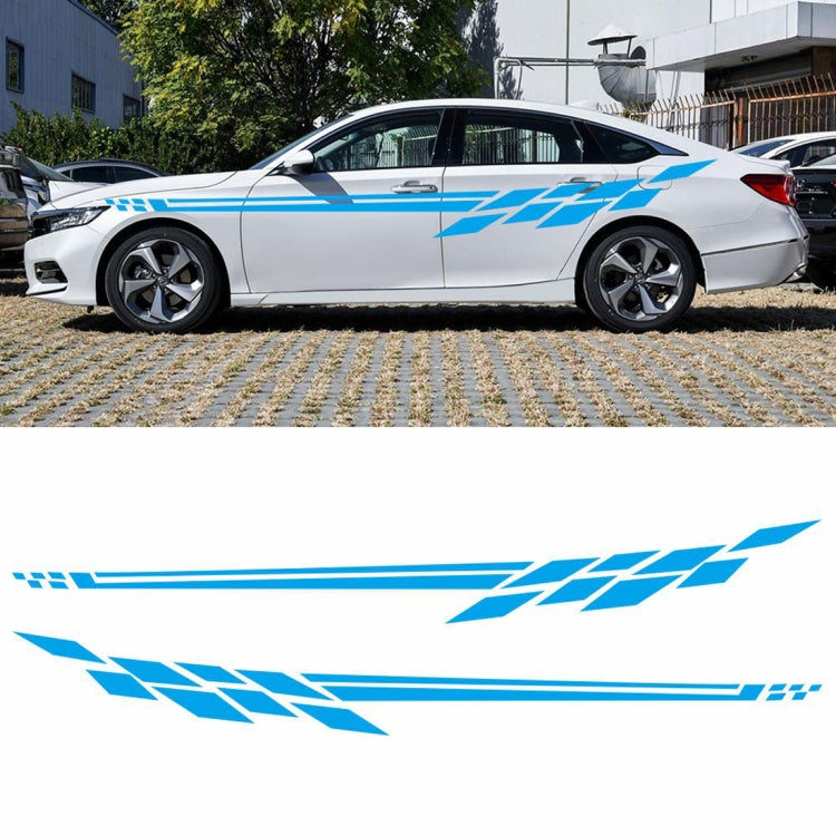 Car side stripe decal, blue zigzag plaid on white sedan