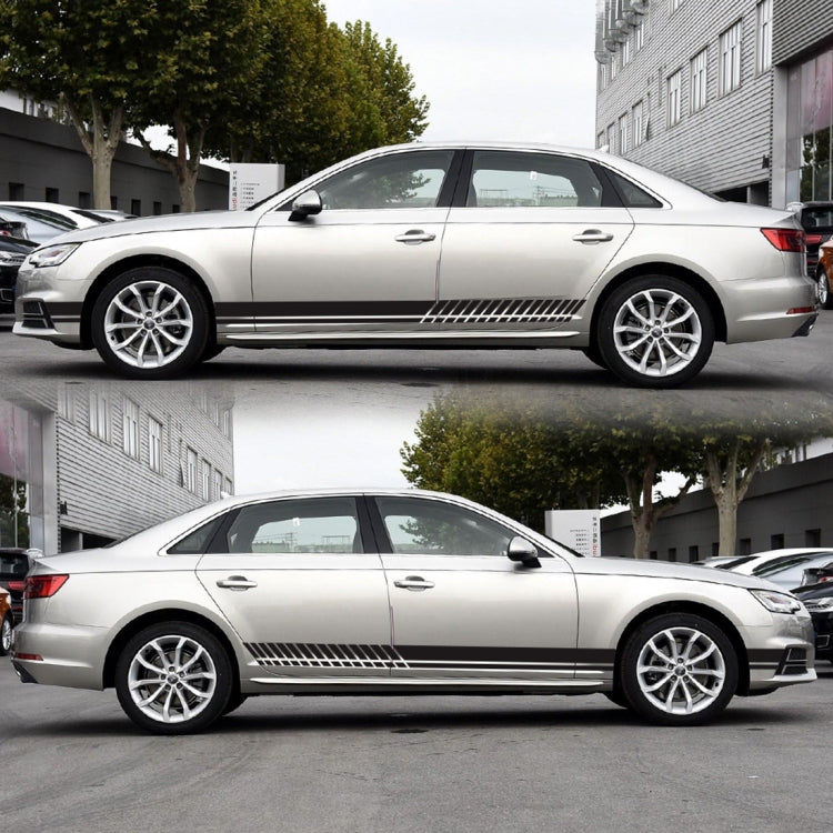 Car side stripe PVC sticker, black horizontal stripe on a silver sedan side panel
