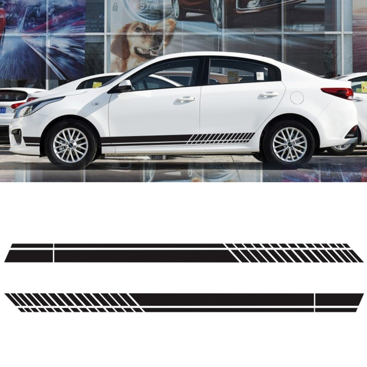 Car side stripe PVC sticker, black horizontal racing stripes on a white sedan