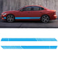 Car side stripe PVC sticker, blue horizontal stripe across a red sedan door