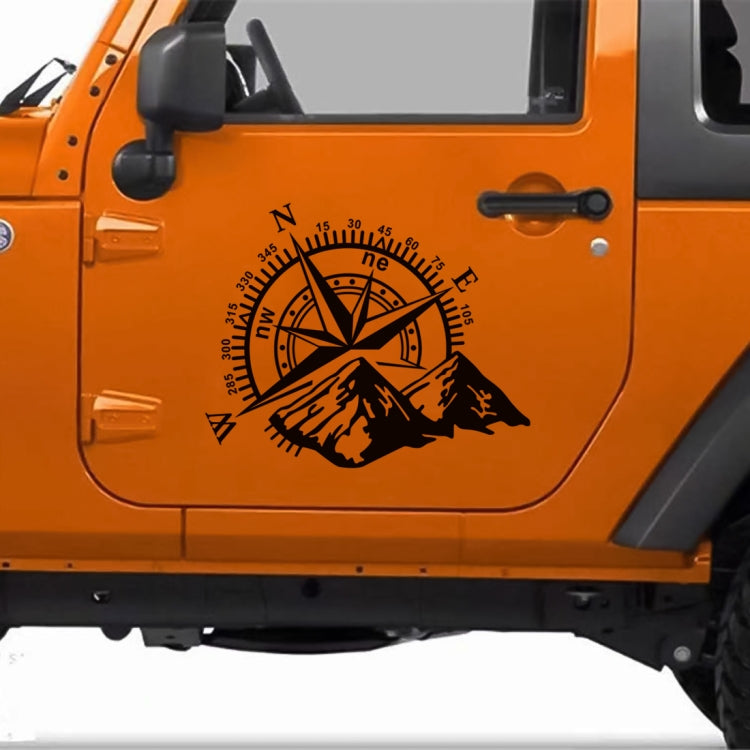Black PVC car sticker with compass rose and mountain design on vehicle door