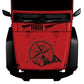 Black compass and mountain PVC car sticker on the front of a red vehicle