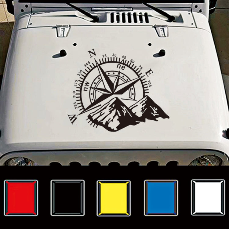 Black compass rose and mountain PVC sticker on a car hood, with color swatches