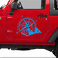 Blue compass rose and mountain PVC car sticker on a red vehicle door