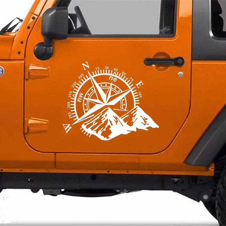 White compass rose and mountain PVC car sticker on an orange vehicle door