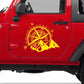 Yellow compass rose and mountain PVC car sticker on a red vehicle door