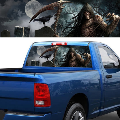 Car rear window sticker with grim reaper skeleton, scythe, raven, and moon horror scene