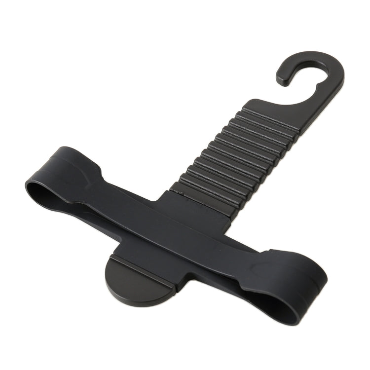 Black car backseat hanger hook with ridged strap and tissue box holder clips