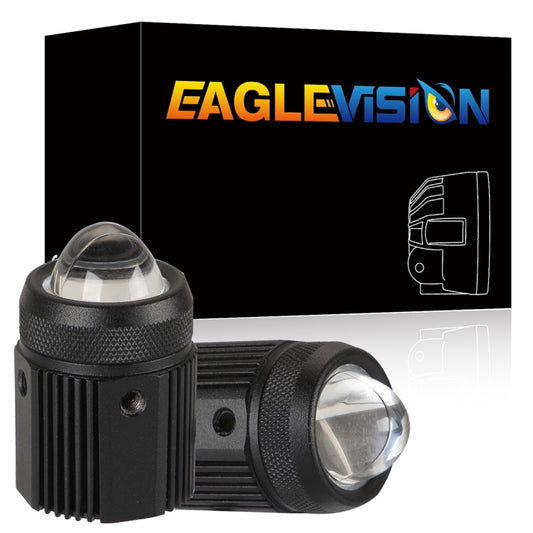 Black double LED headlight with round lens and ribbed heat sink housing