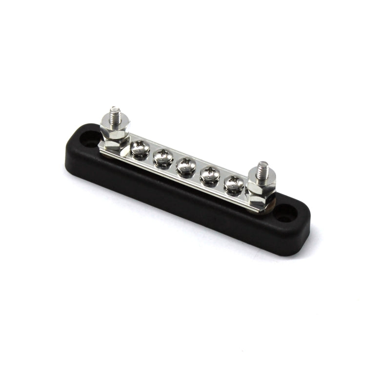 5-way 5-bit power distribution bus bar with 5 silver terminals on black base
