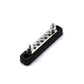 5-way 5-bit power distribution bus bar, angled view with 5 silver terminals