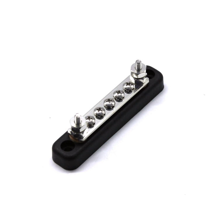 5-way 5-bit power distribution bus bar, angled view with 5 silver terminals