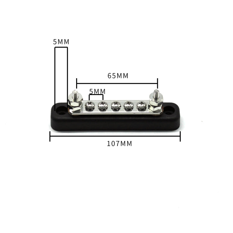 5-bit power distribution bus bar on black base with two end studs and 5 terminals
