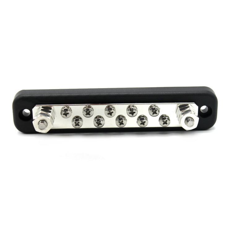 Power distribution bus bar with black end caps and ten chrome screw terminals
