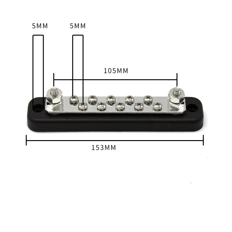 10-way bus bar with ten terminals on black base; 153mm length