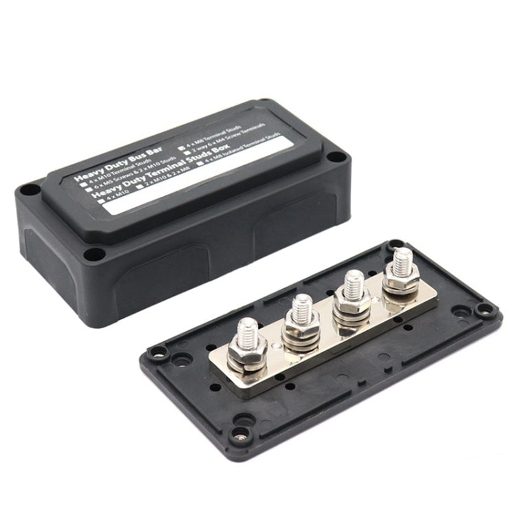 Heavy-duty bus bar terminal stud box with four silver M8 studs in black enclosure