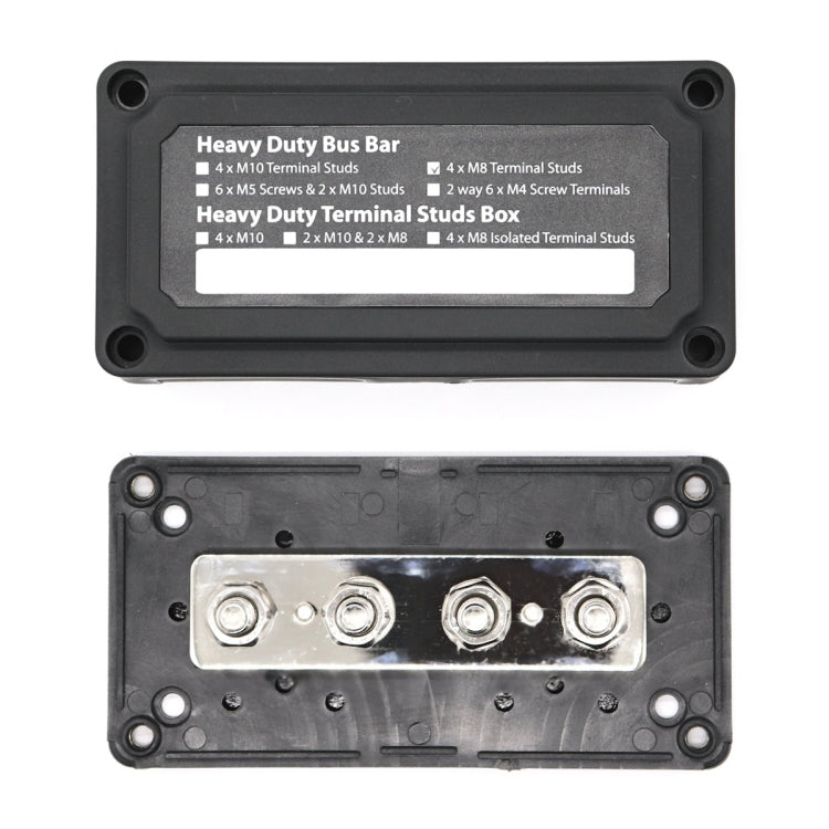 Heavy-duty bus bar terminal stud box with mounted studs and labeled terminal layout