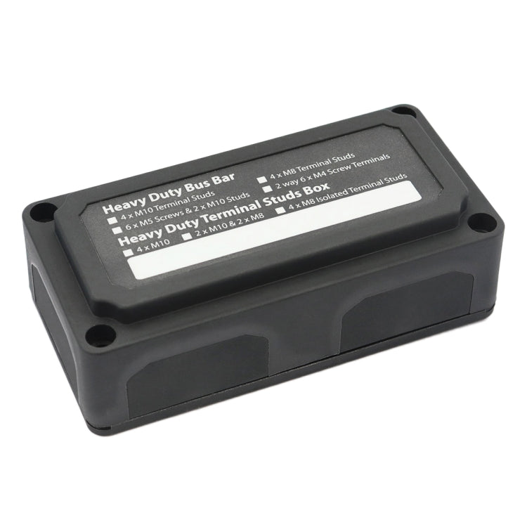 Heavy-duty bus bar terminal stud box, black enclosure with mounting holes and label