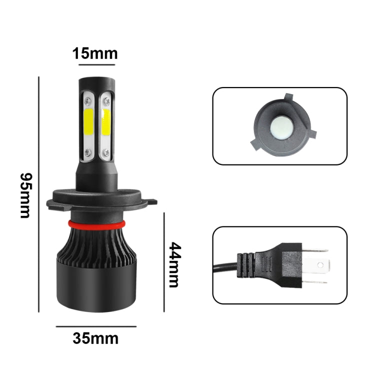 LED headlight bulb with black housing and fins, showing size dimensions and connector detail