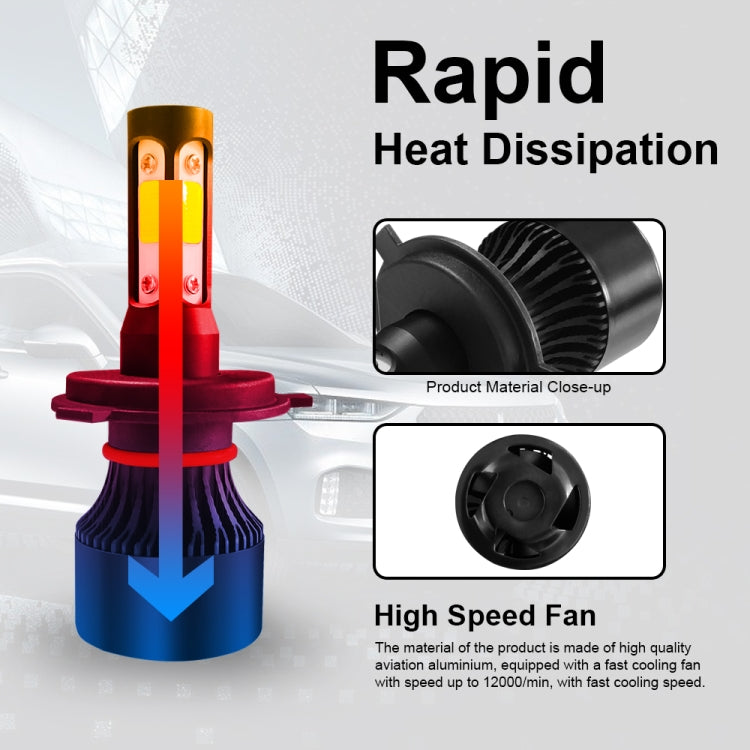 LED headlight bulb with heat sink fins and cooling fan airflow graphic