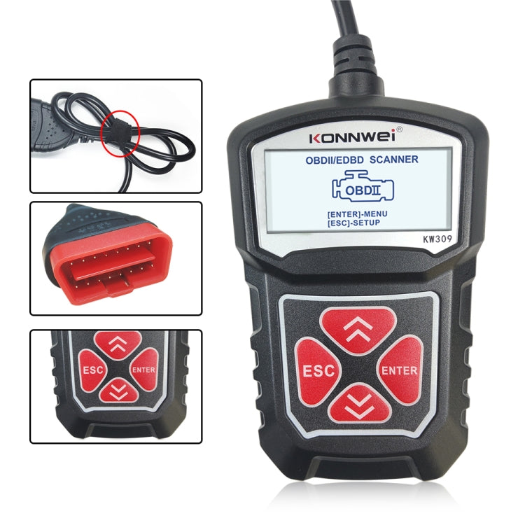 Black OBD2 code reader scanner with red OBD connector and red button keypad