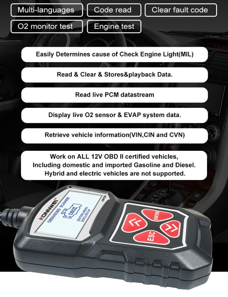 Black OBD2 code reader diagnostic scanner with red ESC/enter buttons and LCD screen