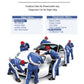 OBD2 code reader diagnostic tool concept with vehicle service team and menu screens