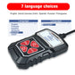 Black OBD2 scanner with red function buttons and small LCD display, angled view